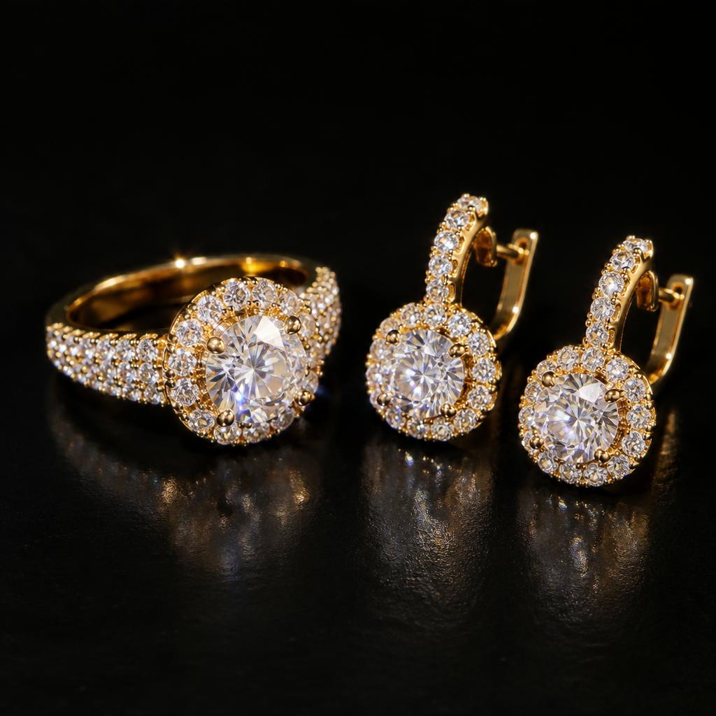 Diamond ring and earring set in gold